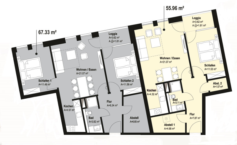 Beispielgrundrisse 2- und 3-Zimmer-Wohnungen in der Residenz Bollwark an der Ostsee